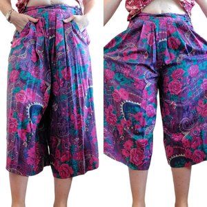 Vintage 90s S/M Pink Floral Paisley Palazo Cropped Culottes Pants Wide Leg